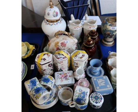 A set of six Mason's Regency pattern coffee cups and saucers, three Mason's storage jars, Wedgwood jasperware etc Condition R