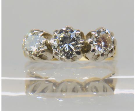 A three stone diamond ring set with estimated approx 0.80cts of brilliant cut diamonds, mounted in bright yellow metal, finge