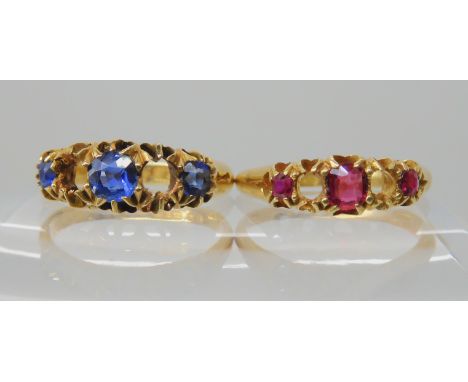 An 18ct gold sapphire set ring hallmarked Birmingham 1897, size O, together with a three stone ruby ring size M, weight combi