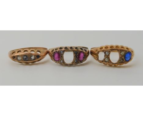 Three vintage 9ct rings, blue gem and pearl size P1/2, clear gem size N, red gem and pearl size O1/2, (all af) combined weigh