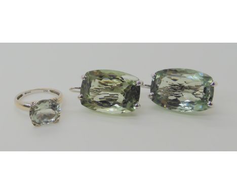 A pair of 18ct white gold green amethyst statement earrings, length 2.9cm, together with matching 18ct ring with diamond acce