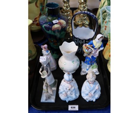 A pair of bisque nodding figures, a contiental figure, a porcelain lady bell, a Titian Ware vase (chipped) and other items Co