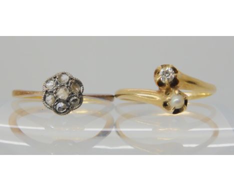 A 14k pearl and diamond twin stone ring, size L1/2, weight 1.7gms, together with a 18ct gold rose cut diamond flower ring siz