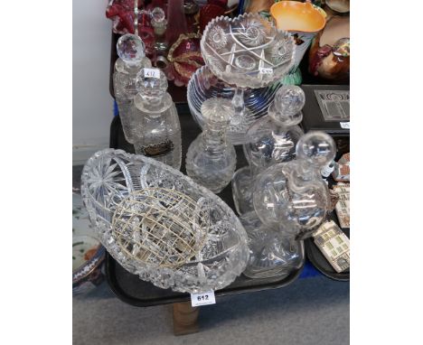 A pair of cut glass decanters, a ring necked decanter, two hour glass decanters and other items Condition Report: Available u