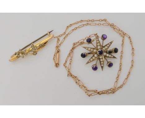 A 9ct gold pearl and amethyst set Edwardian star pendant brooch, diameter 2.5cm, with a vintage 9ct chain length 43cm, togeth