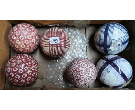 Six Scottish pottery carpet bowls with sponge work and painted decoration Condition Report: The pair of red sponged bowls and