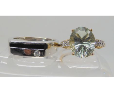 A 9ct gold onyx and diamond signet ring finger size U, together with a green amethyst and diamond ring size O1/2, weight toge