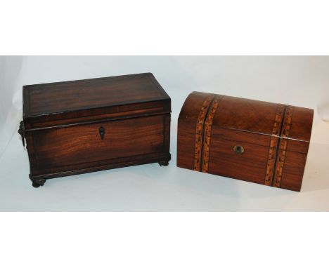 A mahogany tea caddy with hinged lid and lion mask handles, 27cm wide and another inlaid tea caddy, 23cm wide (2) Condition R