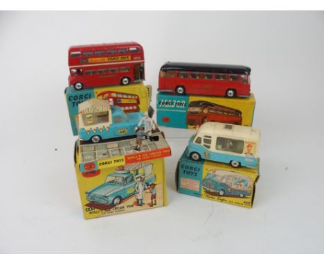 A Corgi 428 Smith's Mister Softee Ice Cream Van, Corgi 447 Wall's Ice Cream Van, Corgi Major 1120 Midland Red Motorway Expres