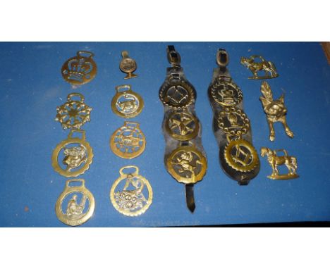 A quantity of Horse Brasses and martingales together with a fox door knocker and an Elizabeth R 1953 door knocker