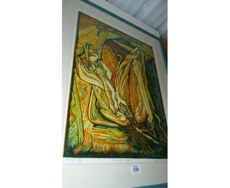 Myrtle Pizzey Linocut Print, pencil signed 4/14 'Sweetcorn Eclipse 1999', 56 x 40 cms 