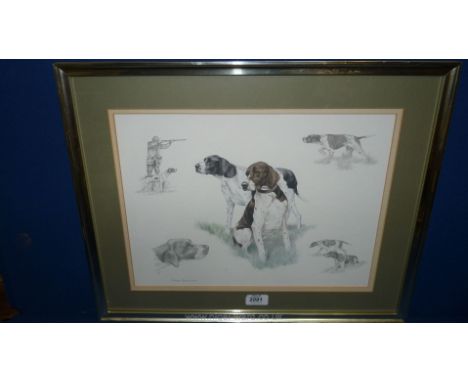 A framed and mounted hunting Print depicting hunter and pointers, signed Nigel Hemming