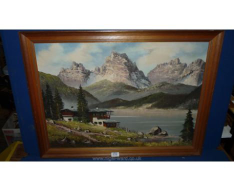 An Oil on canvas depicting an Alpine scene signed K. Hoover.