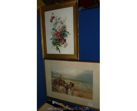 A framed and mounted Print: 'Finding the Seagull' after Birket Foster and a framed Watercolour of flowers, signed Nora Maclai