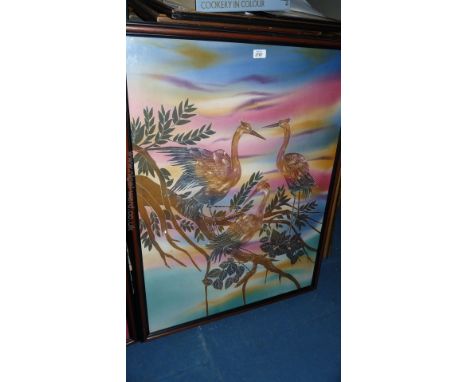A print of Herons on silk, 75 x 98 cms