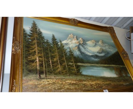 An Oil on canvas by K. Bowman showing an Alpine scene with mountain by a river, 35 1/2" x 23"