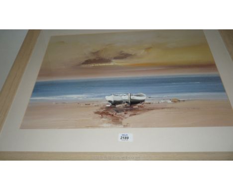 A Print of a boat on the shore entitled 'Home for the Day', 78 x 100 cms