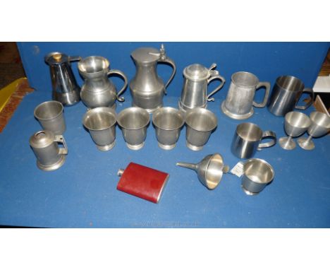 A quantity of Pewter items including Lamp, Jug with lid, Tankards and lidded Tankard, Wine Filter, Coffee Percolator, etc.