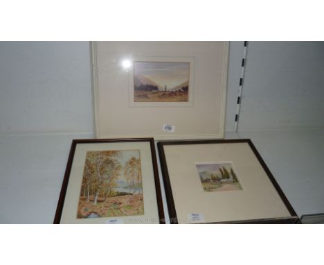 A small Watercolour of a Farmstead, a Print of a Monument to Bonnie Prince Charlie and a Watercolour of Silver Birch Trees