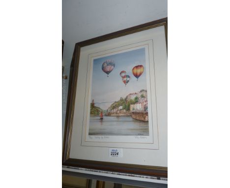 A colour Print of Drifting Balloons at Bristol Bridge by Terry Bevan. no. 348/350