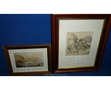 A small framed Print depicting Innsbruck together with a Print of figures leaving a village on horseback lead by a gentleman 