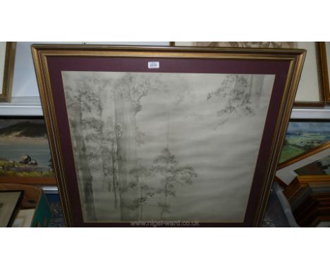 A large Japanese Print of Trees in monochrome, crease to centre, red seal, 90 x 90 cms.