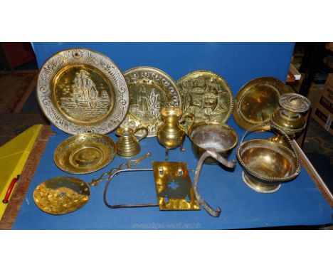 A quantity of Brass including plaques, oil lamp, skimmer, etc.