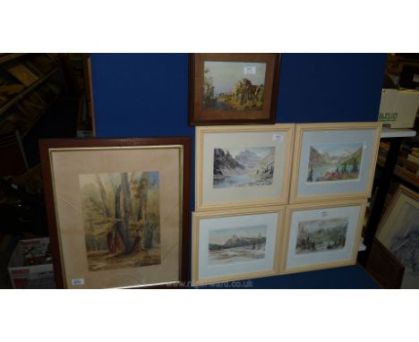 A S. Bennett Watercolour depicting a Woodland scene (glass a/f), small print of horses and four Alpine scenes