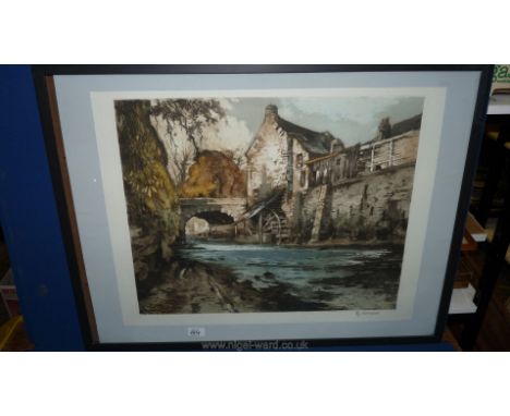 A large framed Print depicting a Watermill indistinctly signed 