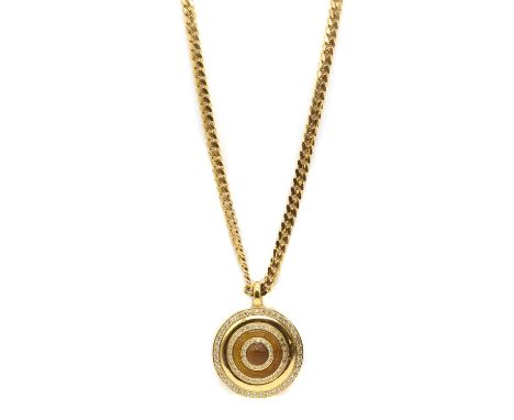 A gilt metal necklace, by Versace, the circular stepped pendant with a moulded head of Medusa at the centre, to surround of g