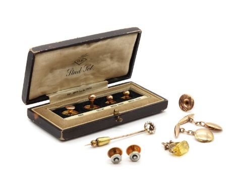 A collection of gentlemen's jewellery,to include a pair of gold dress studs, with a central eight cut diamond, millegrain set