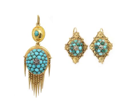 A pair of Victorian gold and silver, diamond and turquoise earrings, an oval bombé cluster with a rose cut diamond grain set 