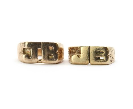 Two 9ct gold initial signet rings,both with initials JB to tapering textured shanks, London 1994 and 1979, 8.86g total (2)Fin