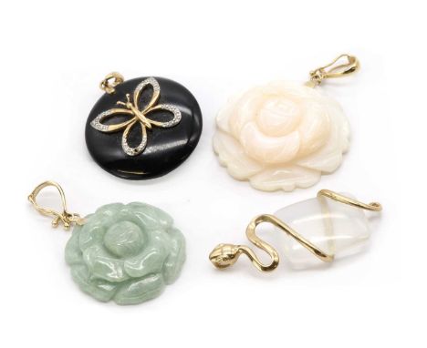 Four gold pendants, comprising a 9ct gold rock crystal snake or serpent pendant, Birmingham, a 9ct gold onyx pendant with app
