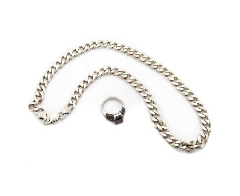 A sterling silver filed curb link necklace,464mm long, Sheffield, common control marktogether with a silver garnet and diamon