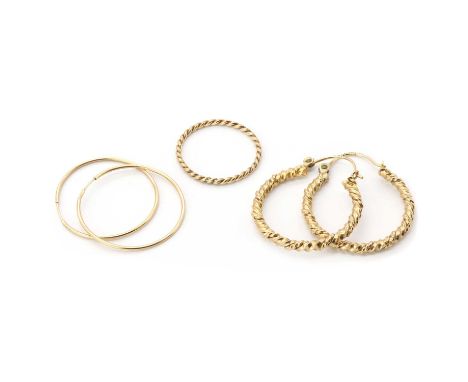 Two pairs of gold hoop earrings, comprising a pair of 9ct gold twisted wire earrings with wire fittings, London 1975, 24mm di