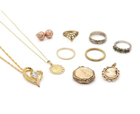 A collection of gold jewellery,comprising a 9ct gold shell cameo pendant, a carved shell cameo of a lady, to a scalloped surr