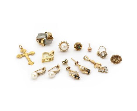 A collection of gold jewellery,comprising a 9ct gold hand engraved cross with trefoil ends, 30 x 18mm, a pair of 9ct gold cul