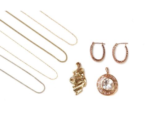 A collection of gold jewellery,comprising a 9ct rose gold zodiac pendant, a mixed cut rock crystal quartz, to a pierced surro