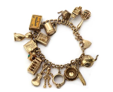 A gold charm bracelet,a hexagonal bead link charm bracelet, to a heart shaped padlock clasp and safety chain, both Birmingham