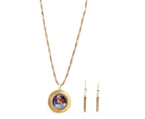 A Continental gold enamel pendant, an enamel portrait of a lady, signed verso 'email d'art P.C', bezel set to a machine engra
