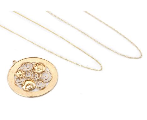 A gold swirl pendant, openwork wire swirls to a textured surround, bale deficient, together with a gold curb link chain and a