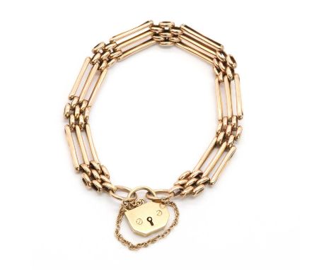 A 9ct rose gold gate bracelet,plain and textured rose gold gate links, to a padlock clasp and trace link safety chain, Birmin