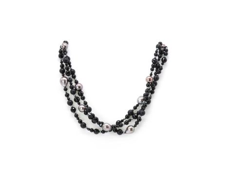 A three row onyx and cultured Tahitian pearl necklace, by Cellini,with faceted, polished and matt onyx beads, cultured freshw
