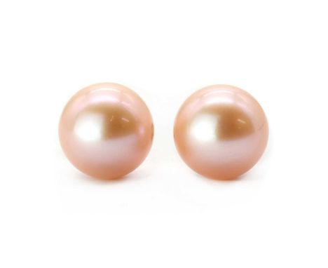 A pair of gold cultured freshwater pearl stud earrings,a peach/pink cultured freshwater pearl, approximately 9.2-9.4mm, cup s