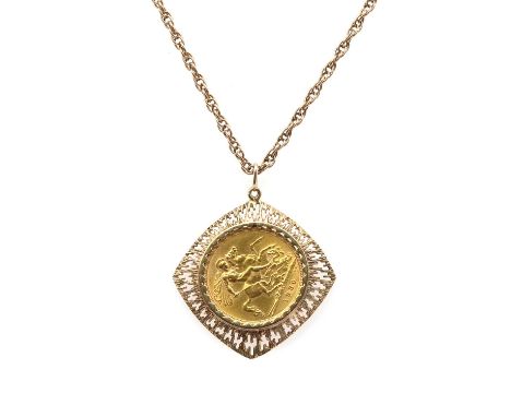 A gold sovereign pendant,a George V sovereign, dated 1930, spectacle set to a 9ct gold pendant with a scalloped bezel and a p