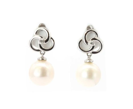 A pair of white gold cultured freshwater pearl and diamond drop earrings,a cultured freshwater pearl, approximately 8.5mm, pe