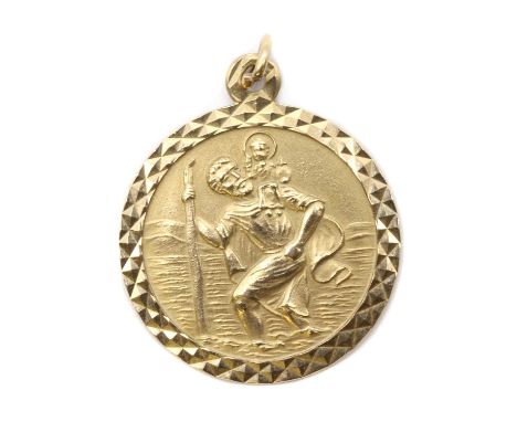A 9ct gold St. Christopher pendant,a St. Christopher to an engine turned surround, to a plain jump ring, London 1975, 5.18gCo