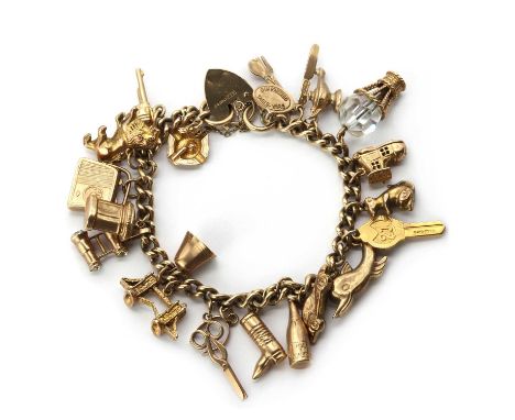 A gold charm bracelet,a 9ct gold curb link bracelet with heart shaped padlock clasp and trace link safety chain, both London 