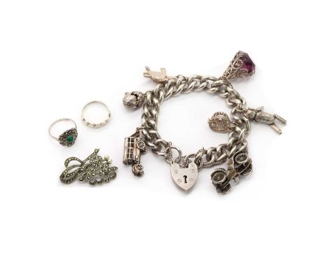 A collection of jewellery,comprising a sterling silver curb link charm bracelet, London 1975, suspending a quantity of charms